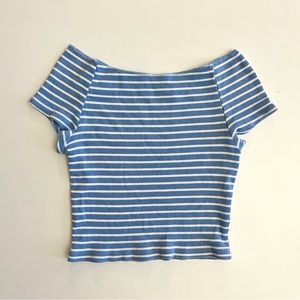 Brandy Melville blue & white striped off-the-shoulder baby tee